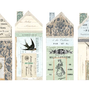 May include: Four vintage-style house-shaped paper cards with a blue and white color scheme. Each card features a swallow bird, floral designs, and text in French. The text includes "RAUD", "MAGGIONI", "& des Couleurs", and "Kue S. Honor&eacute;".