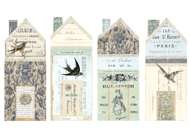 May include: Four vintage-style house-shaped paper cards with a blue and white color scheme. Each card features a swallow bird, floral designs, and text in French. The text includes "RAUD", "MAGGIONI", "& des Couleurs", and "Kue S. Honor&eacute;".