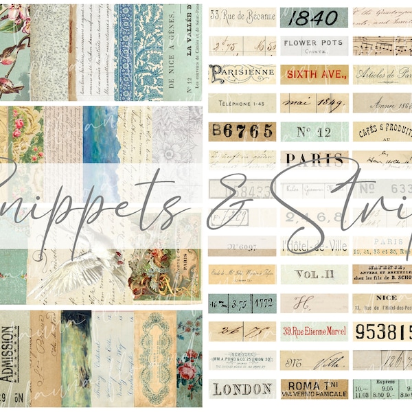 Snippets & Strips...Vintage Digital Junk Journal Kit, Printable Papers, Instant Download, Fussy Cuts, Jpeg Files