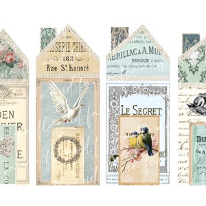 May include: Four vintage-style house-shaped cards with different designs. The first card features a floral pattern with the text "Golden Summer". The second card has a dove and the text "Isserie Chic 163 Rue St. Honor&eacute;". The third card has a bluebird and the text "Le Secret". The fourth card has a bird in flight and the text "Diamant de A. Rouyer 120 Rue St. Denis Paris".