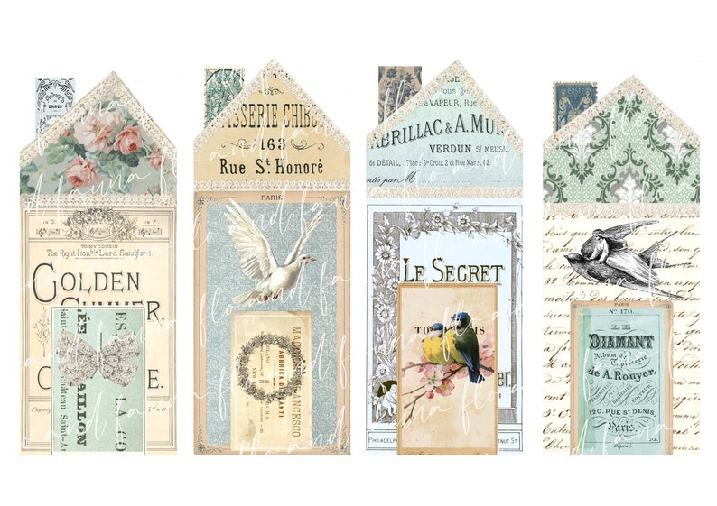 May include: Four vintage-style house-shaped cards with different designs. The first card features a floral pattern with the text "Golden Summer". The second card has a dove and the text "Isserie Chic 163 Rue St. Honor&eacute;". The third card has a bluebird and the text "Le Secret". The fourth card has a bird in flight and the text "Diamant de A. Rouyer 120 Rue St. Denis Paris".