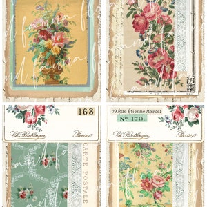 May include: Four vintage postcards with floral patterns and text. The postcards are in various shades of pink, green, yellow, and blue. The text on the postcards includes "London", "Paris", "Ch. Reutlinger", "Carte Postale", and "39. Rue &Eacute;tienne Marcel".