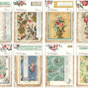 May include: A collage of vintage paper ephemera with floral and patterned designs. The papers feature a variety of colors, including pink, blue, green, and yellow. The papers are arranged in a grid pattern and have a distressed, aged look.