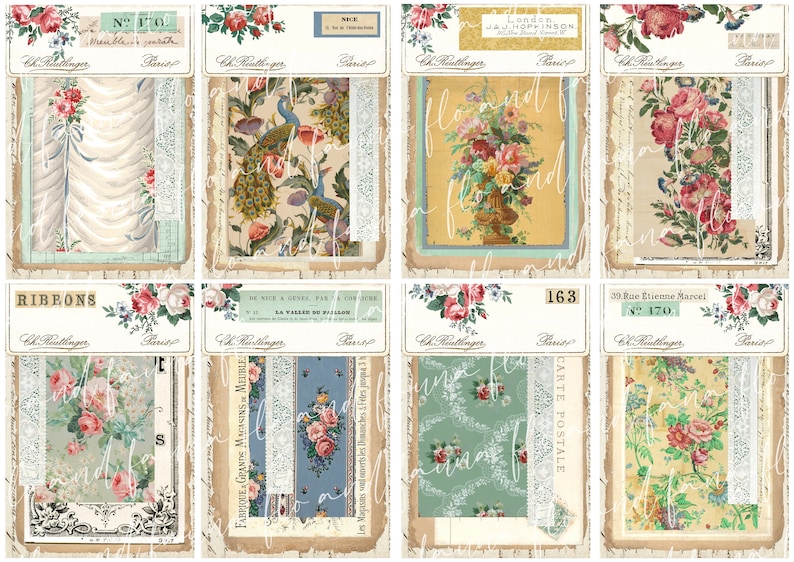 May include: A collage of vintage paper ephemera with floral and patterned designs. The papers feature a variety of colors, including pink, blue, green, and yellow. The papers are arranged in a grid pattern and have a distressed, aged look.
