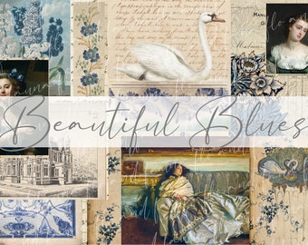 Beautiful Blues...Vintage Digital Junk Journal Kit, Printable Papers, Instant Download, A4 Paper Collection, Jpeg Files