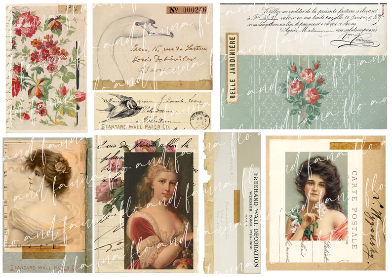 Layered Ephemera Tags/journal Cards, Vintage Digital Junk Journal Kit ...