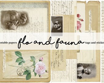May include: Printable papers and tags and stickers with a vintage aesthetic. The papers feature images of roses, envelopes, and handwritten text. The tags and stickers feature images of women and handwritten text.