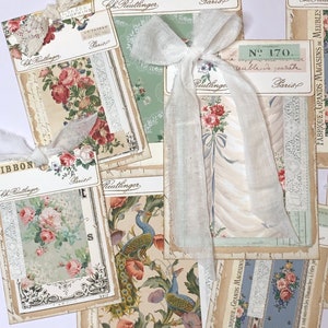May include: A collection of vintage fabric samples with floral and peacock designs. The samples are labeled with the name "Ch. Reutlinger" and the location "Paris".
