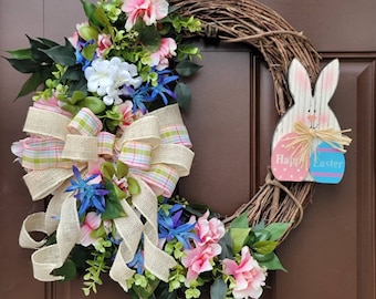 Floral Easter Bunny Wreath: Pink & Blue Spring Door Decor