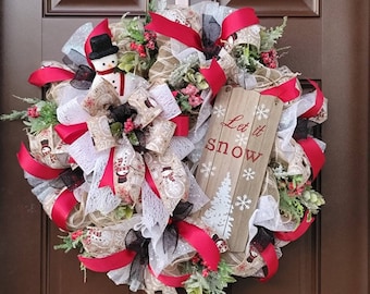 Snowman Winter Wreath: Burlap & Sparkly Mesh, "Let it Snow" Sign