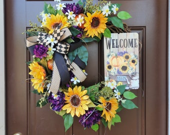 Farmhouse Sunflower Wreath, Fall Welcome Wreath for Front Door, Autumn Pumpkin Wreath, Fall Home Decor