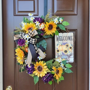 Farmhouse Sunflower Wreath, Fall Welcome Wreath for Front Door, Autumn Pumpkin Wreath, Fall Home Decor