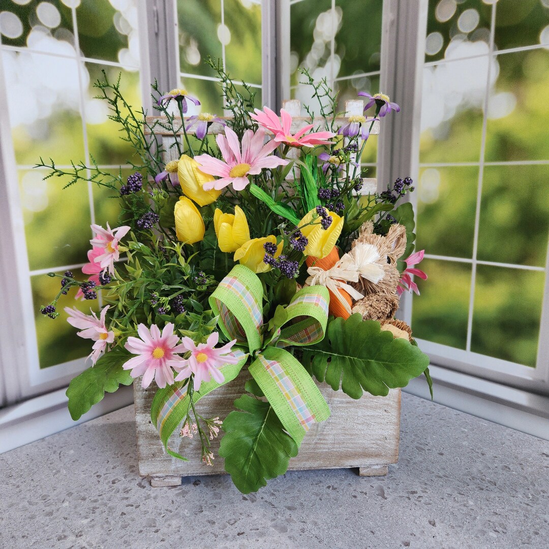 Easter Bunny Arrangement, Spring Garden Wood Box, Wildflower ...