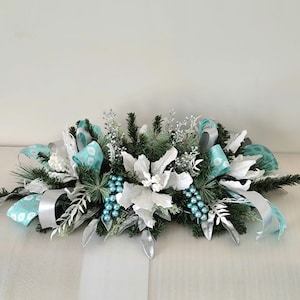 Elegant Christmas Poinsettia Centerpiece: White & Aqua Winter Table Decor