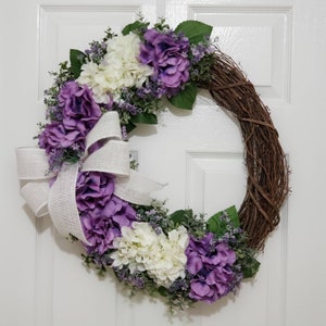 Spring Hydrangea Wreath for Front Door, Purple and White Wedding Wreath, Mother&#39;s Day Gift, Country Summer Porch Decor