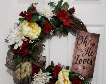 Spring Wreath with Yellow Peonies and Red Roses, Spring Wreath for Front Door, Summer Wreath for Front Door, Valentine Wreath with Red Roses