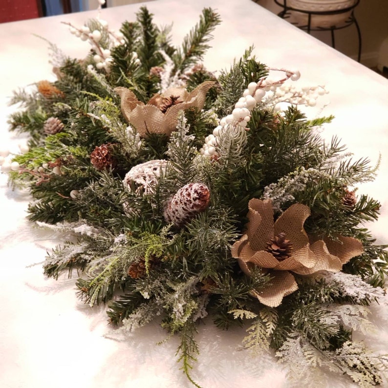 Magnolia Centerpiece Mantel Decor Winter Centerpiece Winter Tablescape Farmhouse Centerpiece Burlap Magnolia Table Decor