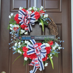 Patriotic Grapevine Wreath: Red Geraniums, God Bless America Sign