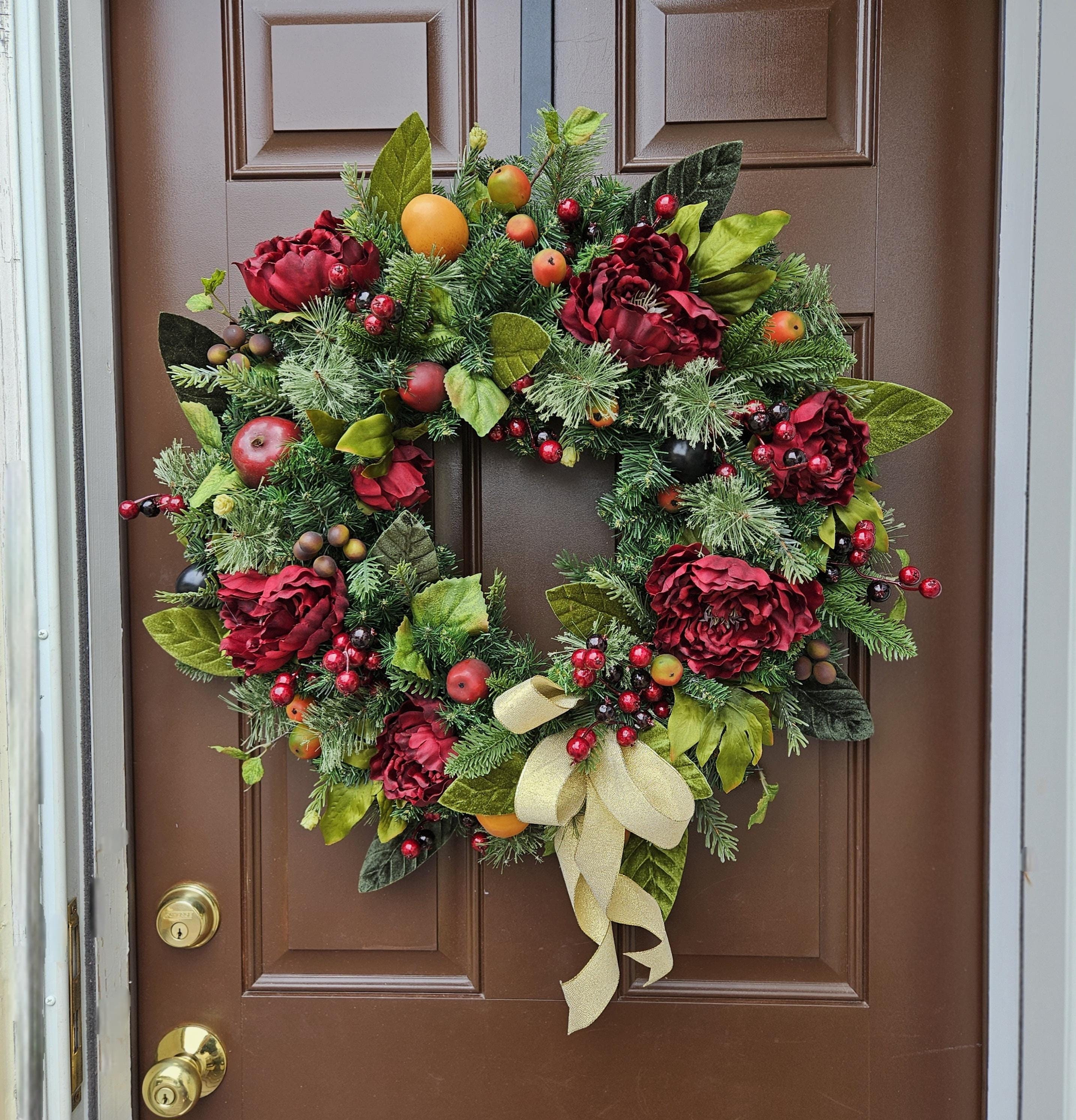 Christmas Floral Wreath: Elegant Faux Fruit, Burgundy Peonies - Etsy