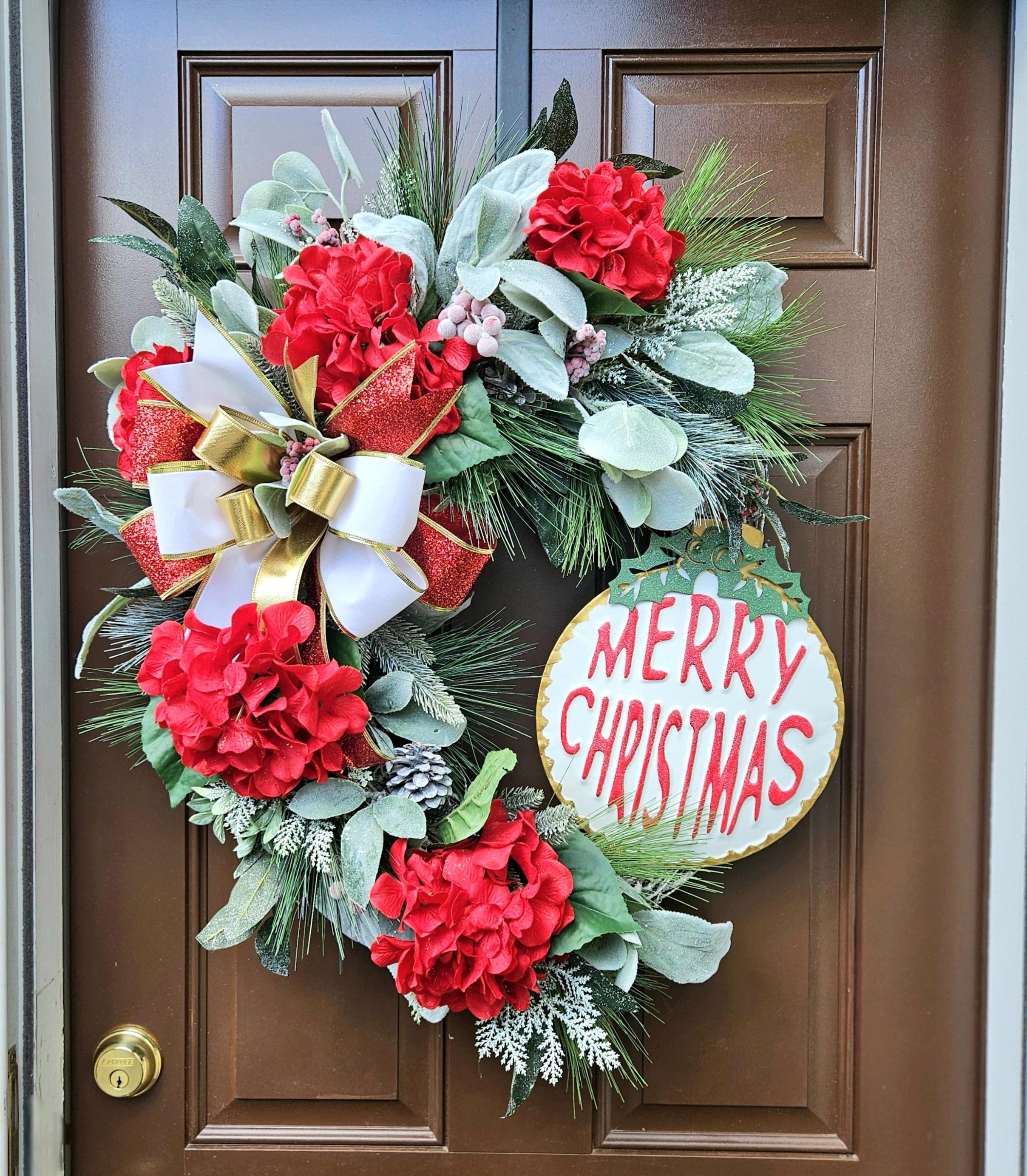 Red Hydrangea Christmas Wreath for Front Door - Red Green and