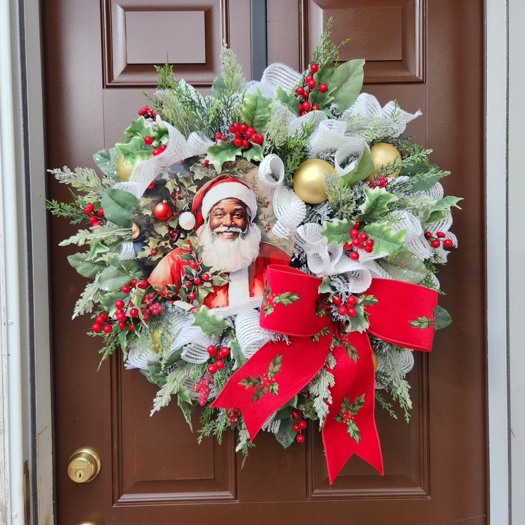Black Santa Door Wreath African American Santa Wall Decor Etsy