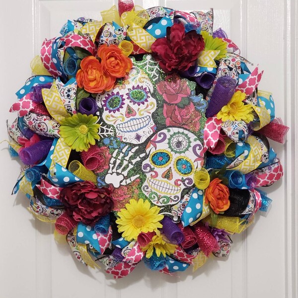 Sugar Skull Wreath, Dia de los Muertos Wreath, Day of the Dead Wreath, Halloween Wreath, Skull Wreath, Sugar Skull Decor