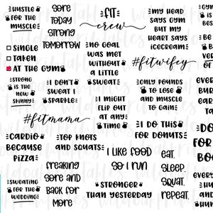 May include: A collection of SVG, EPS, PNG, and DXF files with fitness-themed quotes and phrases in a black, handwritten font. The phrases include motivational sayings about working out, diet, and gym life. The image has a teal background.
