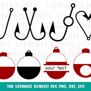 May include: A set of six black and red SVG cut files featuring fishing bobbers and hooks. The bobbers are in the shape of Christmas ornaments. One bobber has the text "your text" in a white rectangle.