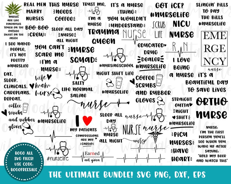 May include: A black and white graphic design featuring a variety of text-based designs related to the nursing profession. The text includes phrases like "Real Men Marry Nurses", "Nurse Squad", "I Love Being a Nurse", and "It's a Nurse Thing". The design also includes a heart with a stethoscope, coffee cups, and other symbols related to nursing.