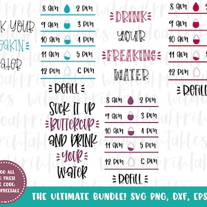May include: A digital download of a printable water tracker with the text "Drink Your Freakin Water", "Refill", "Suck It Up Buttercup", and "And Drink Your Water". The tracker includes times from 8 am to 12 pm with water drop icons.