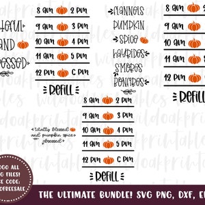 May include: A digital printable design sheet with a fall theme. The sheet includes a schedule with times from 8 am to 12 pm and the text "Hateful and Stressed", "Flannels, Pumpkin Spice, Hayrides, Smores, Bonfires", and "Totally Blessed and Pumpkin Spice Obsessed".