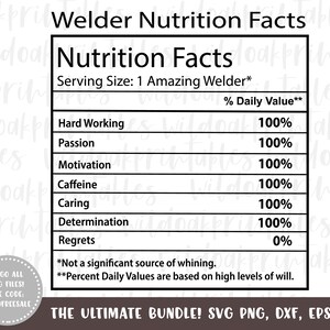 May include: A black and white nutrition facts label with the title "Welder Nutrition Facts". The label lists various traits like "Hard Working", "Passion", "Motivation", "Caffeine", "Caring", "Determination", and "Regrets" with a percentage daily value for each. The label also includes the text "Serving Size: 1 Amazing Welder*" and "*Not a significant source of whining. **Percent Daily Values are based on high levels of will."