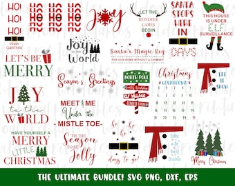 May include: A collection of 16 Christmas-themed SVG cut files. The designs include phrases like "Let's Be Merry", "Joy to the World", "Santa Stops Here in Days", and "Meet Me Under the Mistletoe".