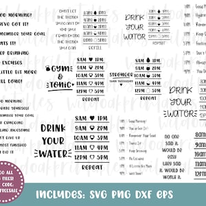 May include: Black and white digital planner stickers with motivational quotes and times of day. The stickers feature the text "Drink Your Water" and "Gym & Tonic".