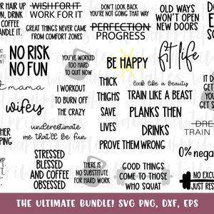 Puede incluir: Una descarga digital en blanco y negro de 20 citas de motivación para el fitness. Las citas incluyen frases como "Sin riesgo, no hay diversión", "Fit wifey", "Entrena como una bestia", "Demuéstrales que están equivocados", y "Solo resultados".