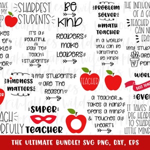 Może przedstawiać: Zbi&oacute;r 12 czarno-białych plik&oacute;w SVG do cięcia z motywem nauczyciela. Projekty zawierają takie frazy jak "Sharpest Students", "Kindness Matters", "World's Best Teacher" i "It Takes A Big Heart To Shape Little Minds".