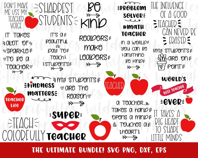 Może przedstawiać: Zbi&oacute;r 12 czarno-białych plik&oacute;w SVG do cięcia z motywem nauczyciela. Projekty zawierają takie frazy jak "Sharpest Students", "Kindness Matters", "World's Best Teacher" i "It Takes A Big Heart To Shape Little Minds".