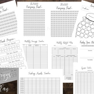 Peut inclure: Plusieurs feuilles de papier blanc avec du texte manuscrit et des illustrations pour la planification financière. Comprend des trackers pour les fonds d'urgence, l'épargne, les budgets mensuels et la valeur nette. Le texte comprend "Emergency Fund", "Savings Tracker", et "Savings Plan".