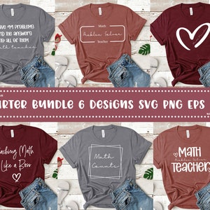 Op de afbeelding: Een set van zes ontwerpen voor T-shirts met wiskunde-thema tekst en afbeeldingen. De ontwerpen omvatten "Ik heb 99 problemen en de antwoorden op ze allemaal #wiskundeleraar", "Wiskunde Probleem Oplosser Leraar", "Wiskunde Leren als een Baas", "Wiskunde Telt", "Wiskunde Leraar" met een hart, en een hart met de tekst "Mijn Gelukkige Plaats".