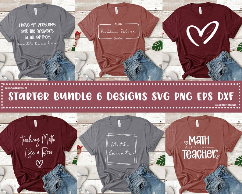 Op de afbeelding: Een set van zes ontwerpen voor T-shirts met wiskunde-thema tekst en afbeeldingen. De ontwerpen omvatten "Ik heb 99 problemen en de antwoorden op ze allemaal #wiskundeleraar", "Wiskunde Probleem Oplosser Leraar", "Wiskunde Leren als een Baas", "Wiskunde Telt", "Wiskunde Leraar" met een hart, en een hart met de tekst "Mijn Gelukkige Plaats".