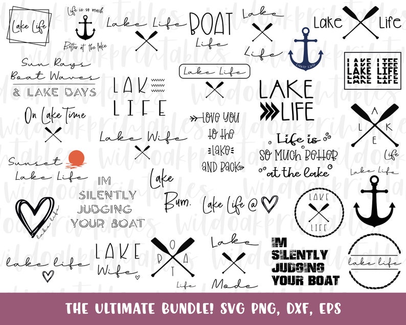 May include: A collection of 20 black and white SVG cut files with lake life quotes and designs. The designs include phrases like "Lake Life", "Lake Wife", "Life is so much better at the lake", and "I'm silently judging your boat".