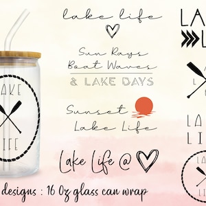 Może przedstawiać: Osiem wzorów na opakowania z 473 ml szklanych puszek z motywami życia nad jeziorem. Wzory obejmują zachód słońca, serce, okrąg z liny z przekreślonymi wiosłami i słowa "Lake Life" w różnych stylach.