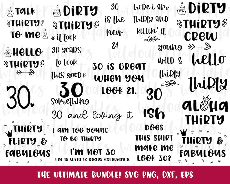May include: A collection of 30th birthday themed SVG cut files. The designs include phrases like "Talk Thirty To Me", "Dirty Thirty Crew", "Hello Thirty", "Thirty Flirty & Fabulous", and "Aloha Thirty".