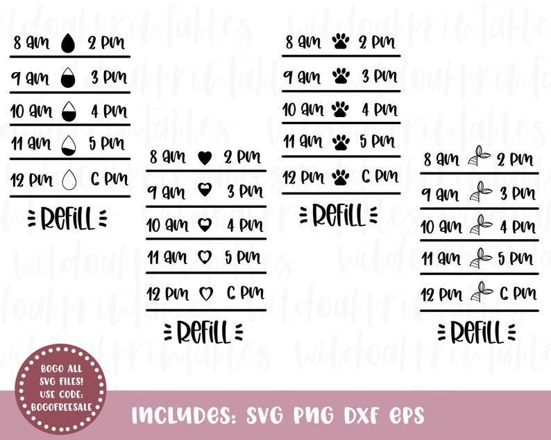 May include: Black and white printable planner stickers with different icons and text. The icons include a water drop, a paw print, a heart, and a leaf. The text includes "8 am", "9 am", "10 am", "11 am", "12 pm", "2 pm", "3 pm", "4 pm", "5 pm", "C pm", and "Refill".