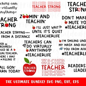 May include: A set of 10 printable SVG files for teachers. The designs feature red apples, wifi symbols, and the text "Teacher Strong" in various styles. The text also includes phrases like "Zoom in and Teachin'" and "Readers are Leaders".