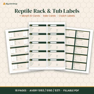 Reptile Rack & Tub Labels, Morph ID Cards, Ball Python Gecko Breeder Sale Cards, Clutch Labels, Avery 5163 5160 Printable Fillable PDF