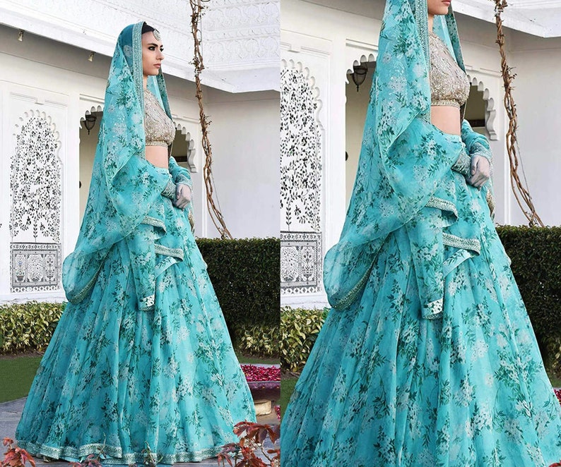 Sky Blue Floral Print Embroidered Designer Sabyasachi Lehenga Choli for Women Girls Indian Pakistani South Asian Bridal Wedding Skirt Outfit