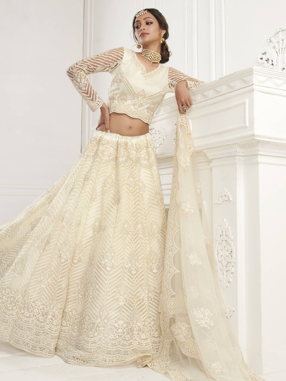 Off White Designer Lehenga Choli for Women Net Embroidered Etsy