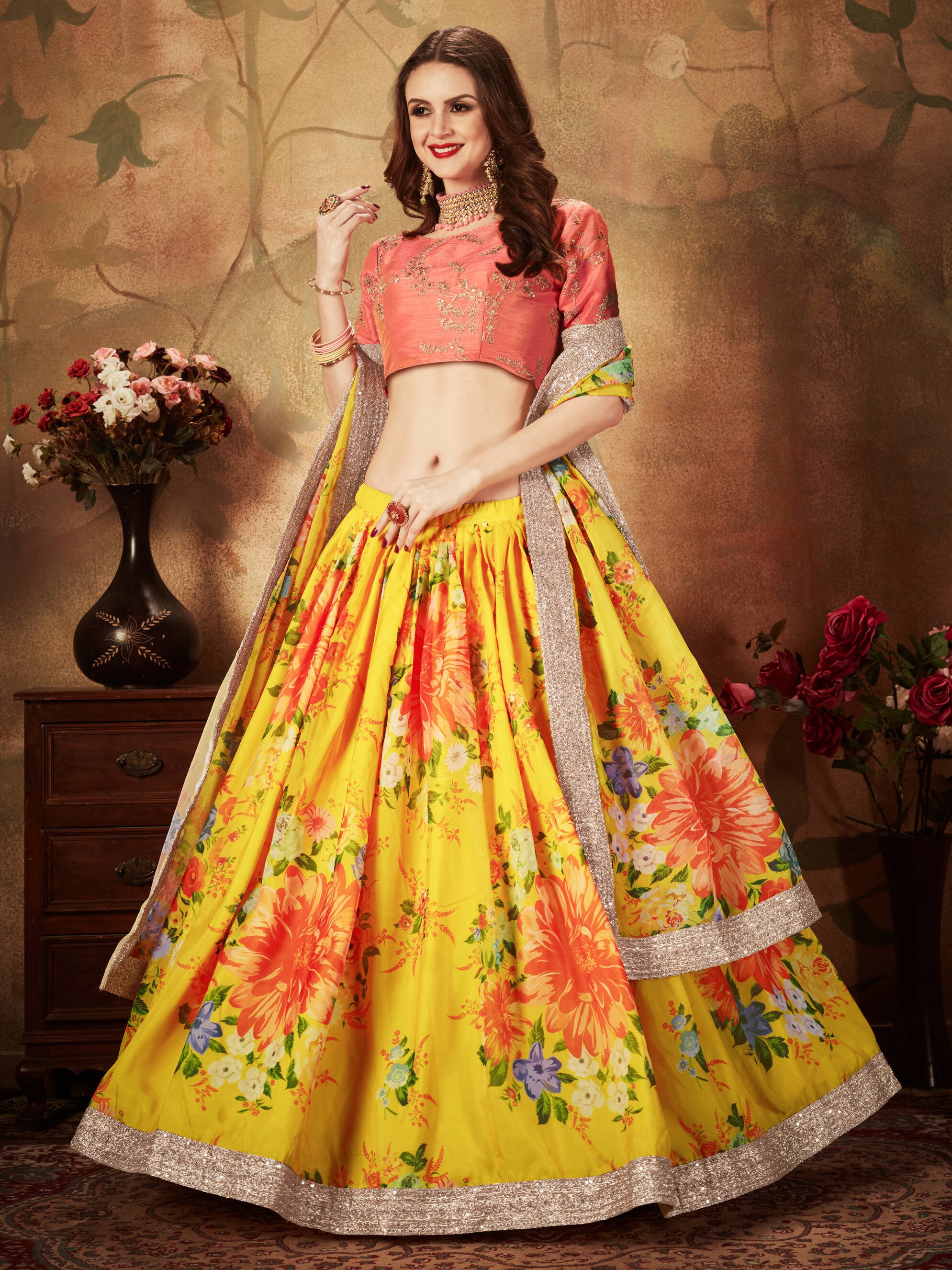 Yellow Lehenga Choli for Women Floral Print Embroidered Etsy