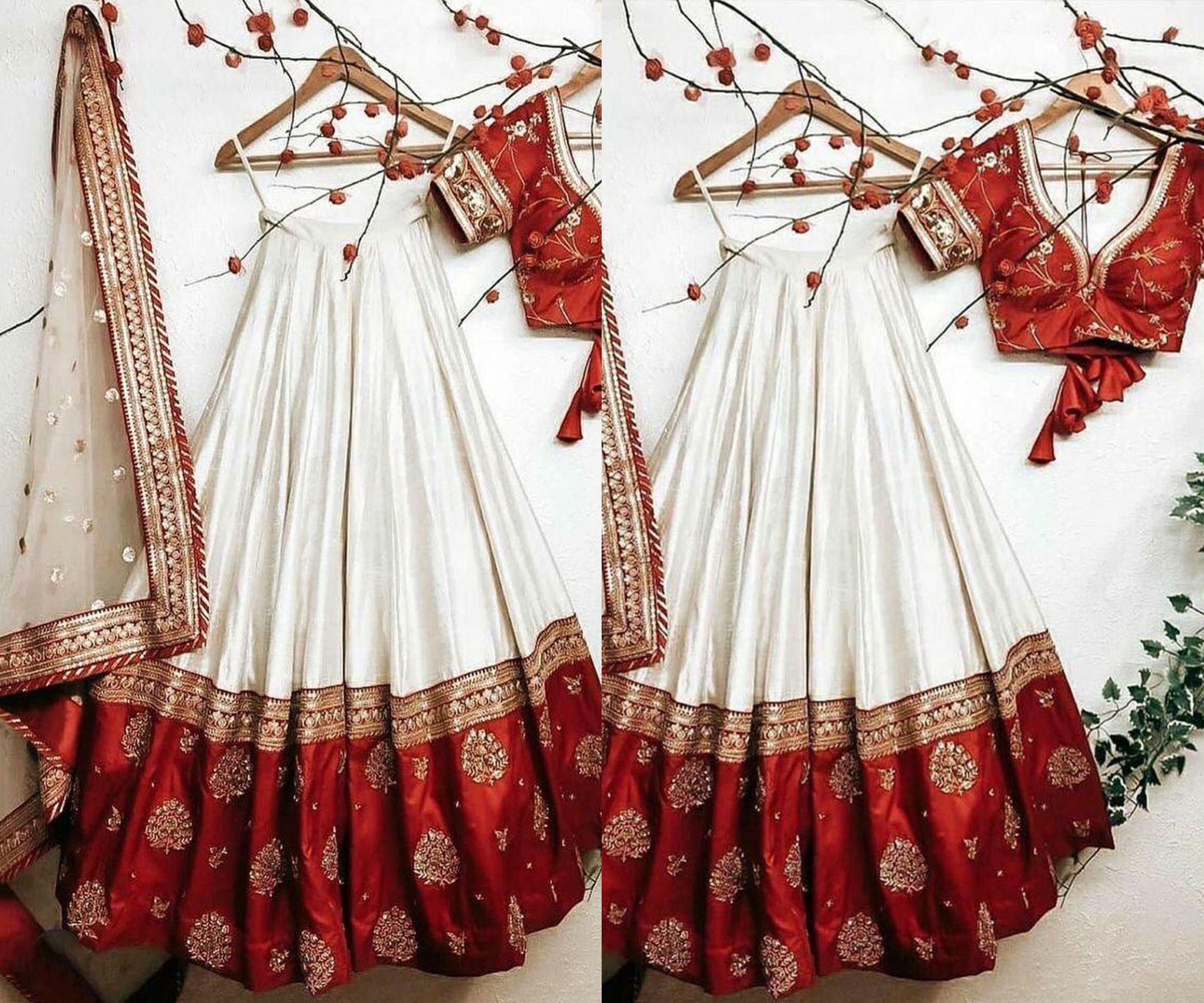 White and Red Lehenga Choli for Women 